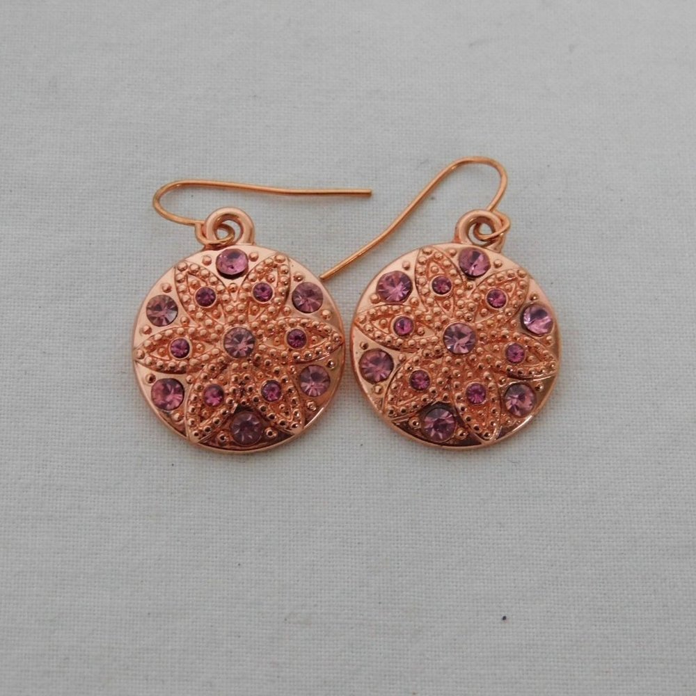 Handmade Earrings Round Sand Dollar Rose Gold Tone Purple Rhinestones 3/4" Dia.